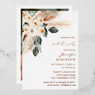 Boho Copper Pampas Floral & Photo Graduation Party Foil Invitation