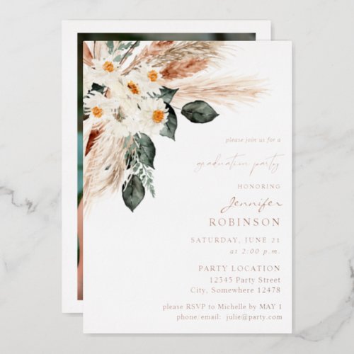 Boho Copper Pampas Floral  Photo Graduation Party Foil Invitation