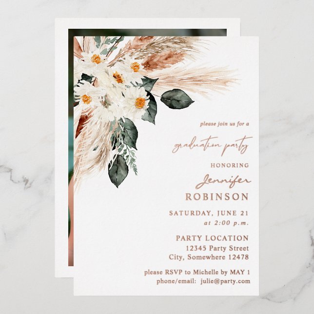Boho Copper Pampas Floral & Photo Graduation Party Foil Invitation (Front/Back)