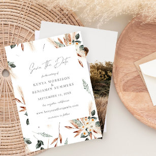 Boho Copper & Pampas & Floral Save the Date Photo Invitation