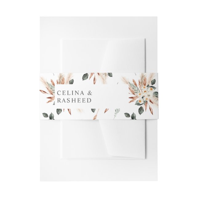 Boho Copper Pampas Grass & Beige Floral Invitation Belly Band (Front Example)