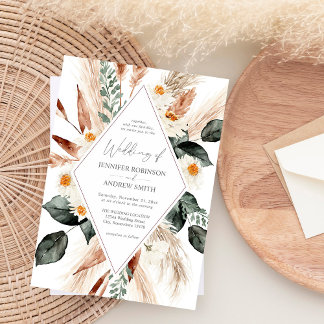 Boho Copper Pampas Grass & Beige Floral Wedding Invitation