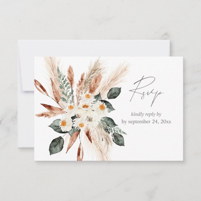 Boho Copper Pampas Grass Beige Floral with Meal RSVP Card (Front)