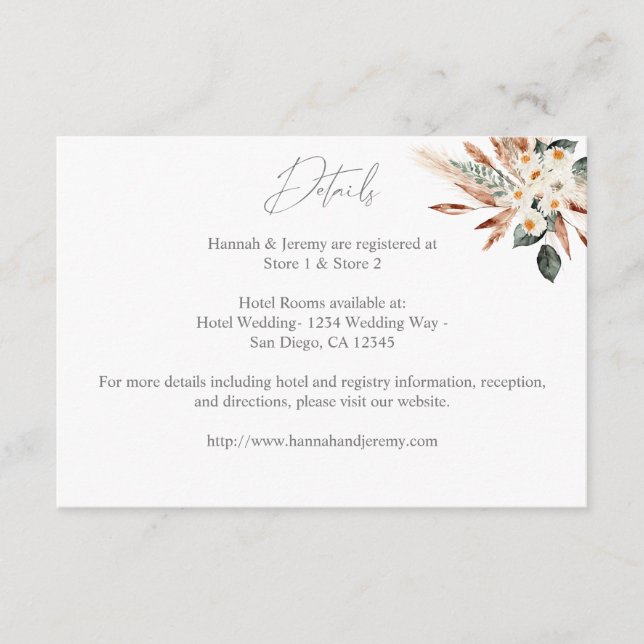 Boho Copper Pampas Grass & Floral Wedding Details  Enclosure Card (Front)