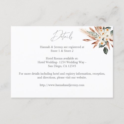 Boho Copper Pampas Grass  Floral Wedding Details  Enclosure Card