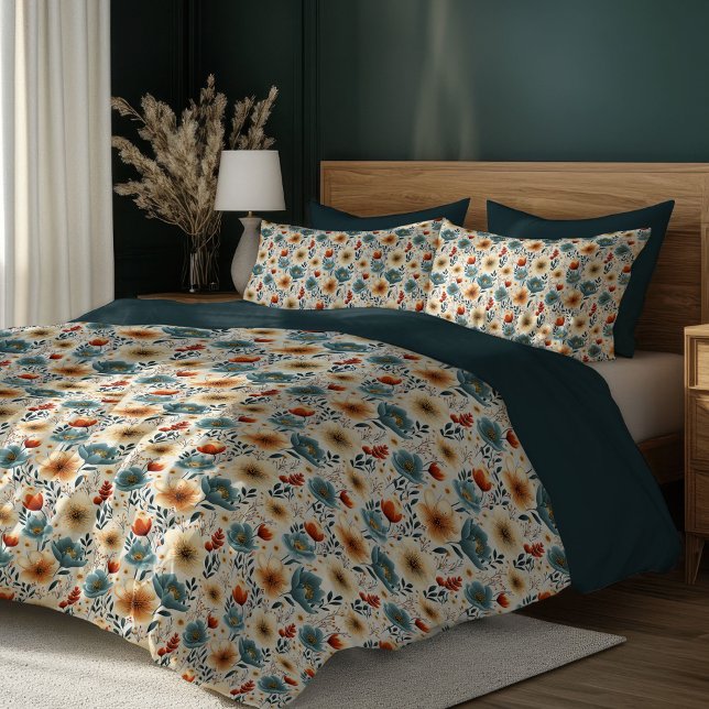 Boho copper poppies ivory dusty blue flowers duvet cover (Boho copper poppies ivory dusty blue flowers duvet cover)