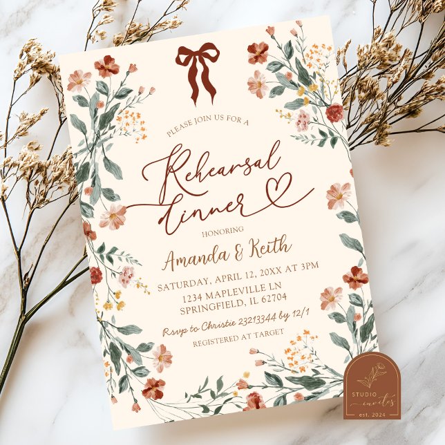 Boho Coquette Bow Wildflower Rehearsal Dinner Invitation (Creator Uploaded)