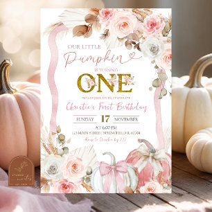 Boho Coquette Pink Pumpkin 1st Birthday Invitation