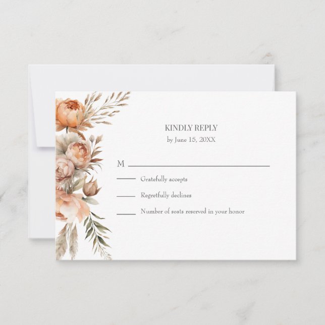 Boho Coral and Peach Dry Flower Wedding RSVP Card (Front)