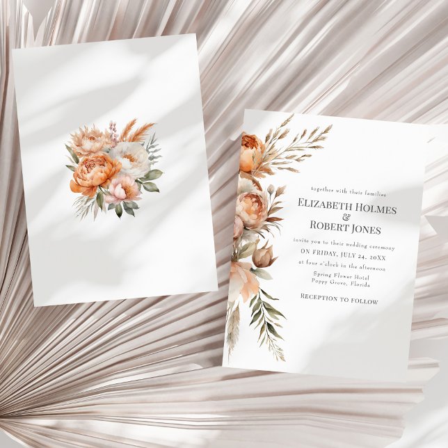 Boho Coral and Peach Dry Flowers Wedding Invitation (Boho Coral and Peach Dry Flowers Wedding Invitation - front and back - on a neutral dry palm leaf)