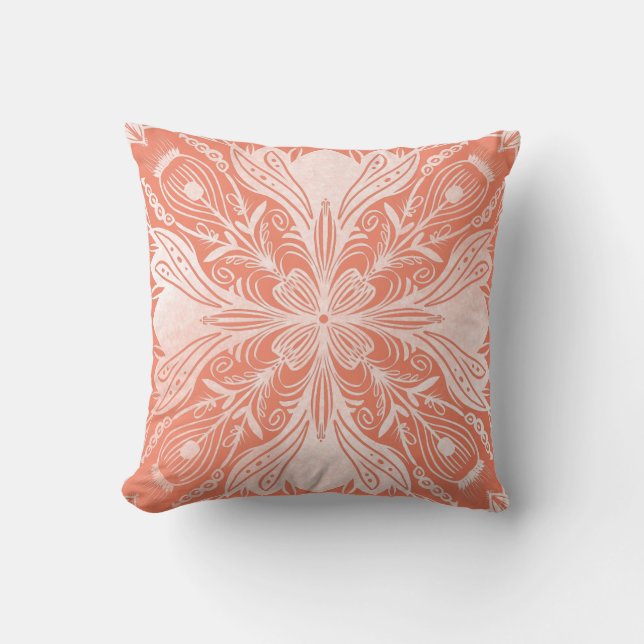 Boho Coral and White Mandala Throw Pillow (Front)