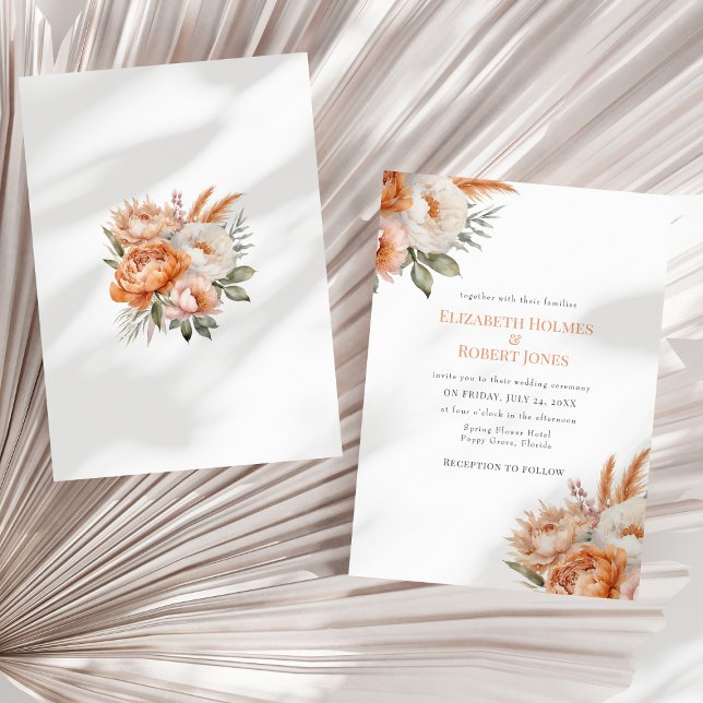 Boho Coral Flowers Summer Wedding Invitation (Boho Coral Flowers Summer Wedding Invitation - front and back - on a neutral dry palm leaf.)