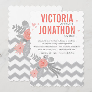 Boho Coral Navy Gray Chevron Typography Wedding Invitation