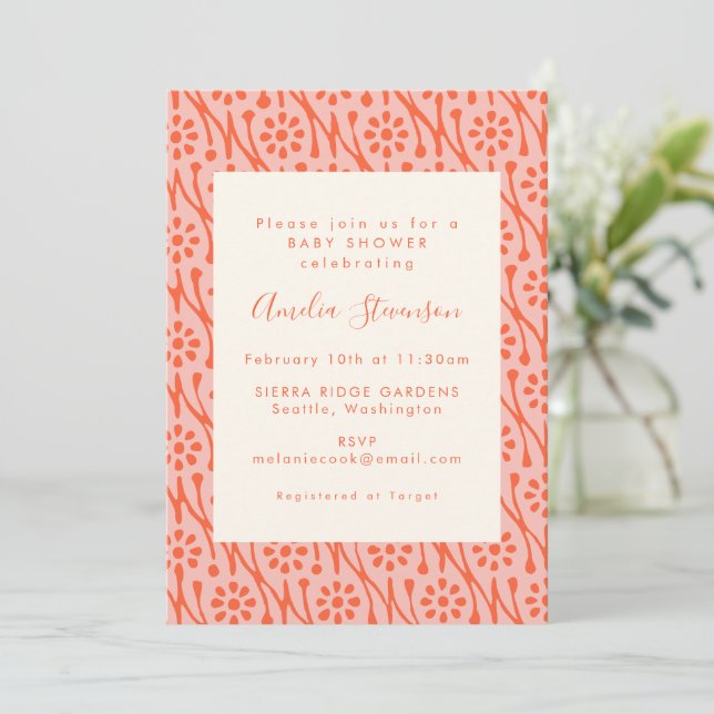 Boho Coral Orange Botanical Flowers Baby Shower Invitation (Standing Front)