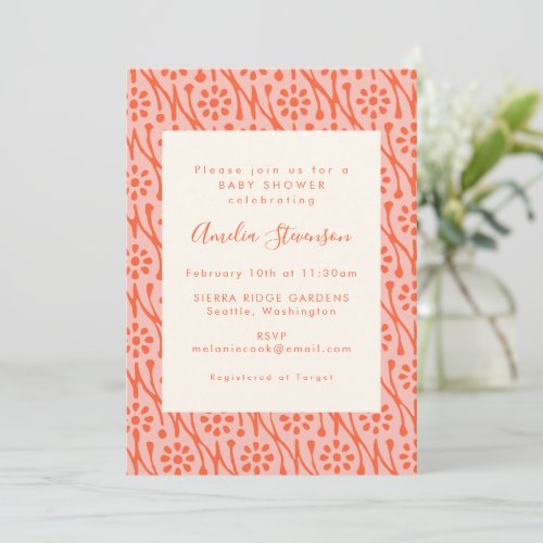 Boho Coral Orange Botanical Flowers Baby Shower Invitation