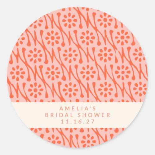 Boho Coral Orange Botanical Flowers Bridal Shower Classic Round Sticker