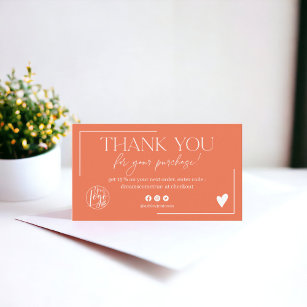 Boho coral orange script order thank you business card
