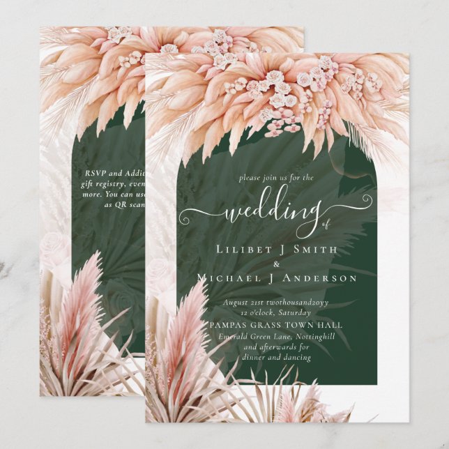 Boho Coral Pampas Grass Green Wedding Invitation (Front/Back)