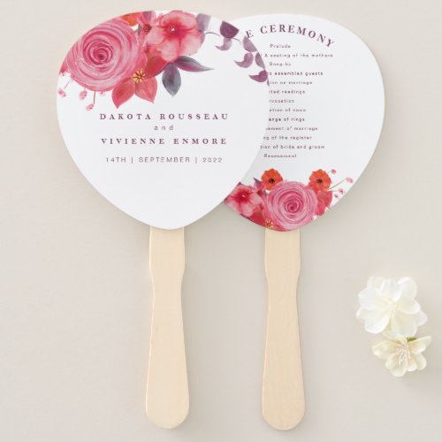 Boho coral rose bouquet wedding program hand fan