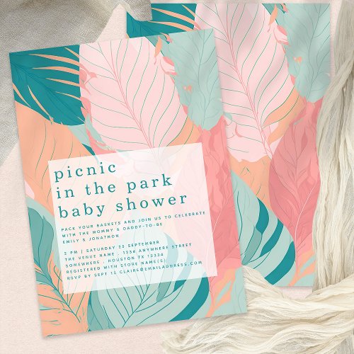 Boho Coral Teal Leaves Picnic in Park Baby Shower Invitation