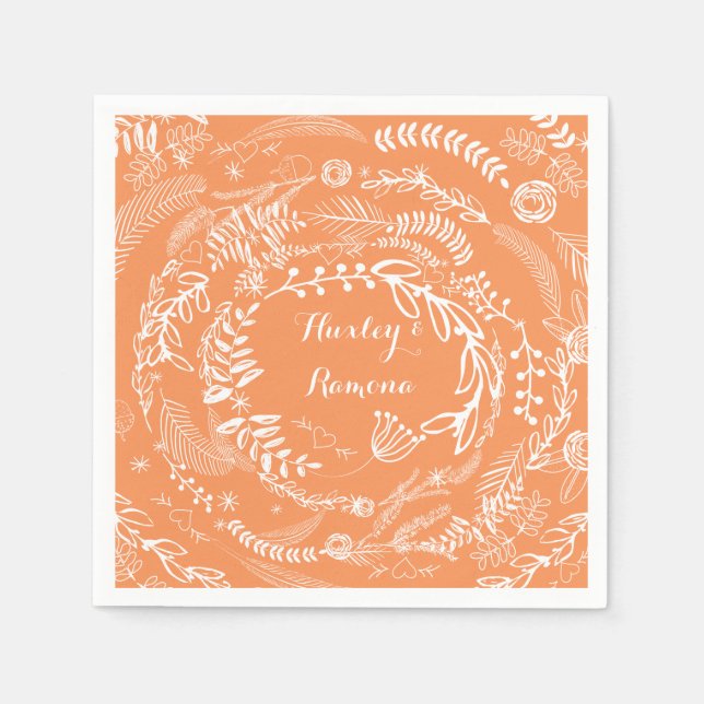 Boho Coral Twigs & Leaves Floral Garland Paper Napkins (Front)