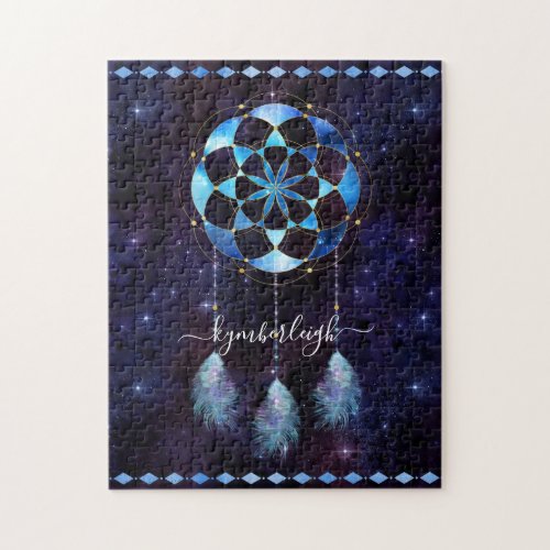 Boho Cosmic Blue Space Mandala Dreamcatcher Name Jigsaw Puzzle