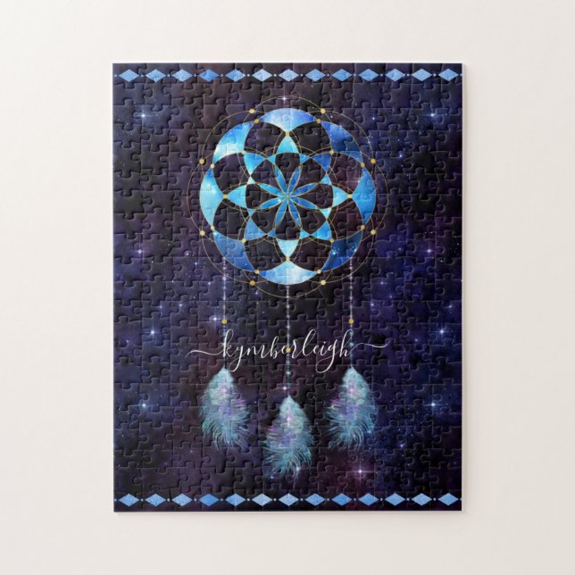 Boho Cosmic Blue Space Mandala Dreamcatcher Name Jigsaw Puzzle (Vertical)