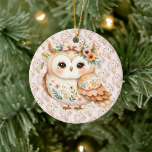 Boho Cottagecore Owl Floral Farmcore Charm Ceramic Ornament