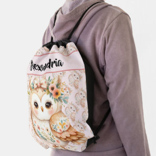 Boho Cottagecore Owl Floral Farmcore Charm Drawstring Bag