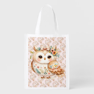 Boho Cottagecore Owl Floral Farmcore Charm Grocery Bag