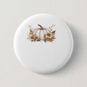 Boho Cottagecore White Pumpkin with Autumn Florals Button