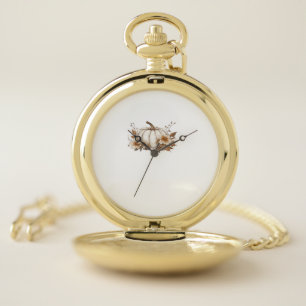 Boho Cottagecore White Pumpkin with Autumn Florals Pocket Watch