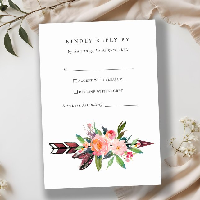 BOHO COUNTRY BLUSH ARROW FLORAL WEDDING RSVP CARD (Creator Uploaded)
