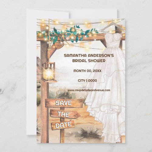 Boho country bridal dress western string lights invitation