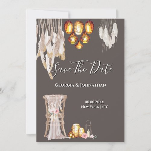 Boho country macrame lantern lights feather chic save the date