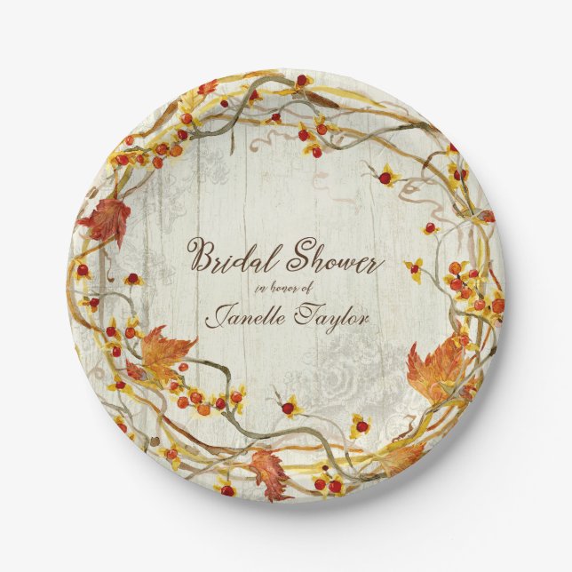 Boho Country Rustic Fall Autumn Bridal Shower Paper Plates (Front)