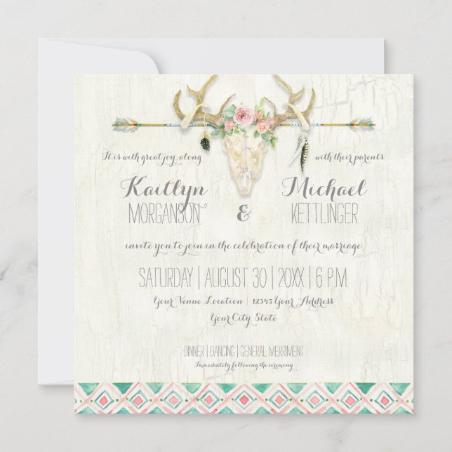 BOHO Country Rustic Floral Deer Skull Antler Arrow Invitation (Front)