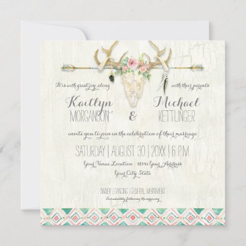 BOHO Country Rustic Floral Deer Skull Antler Arrow Invitation