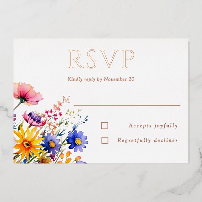 Boho Country Wildflower Wedding RSVP Foil Invitation (Front)