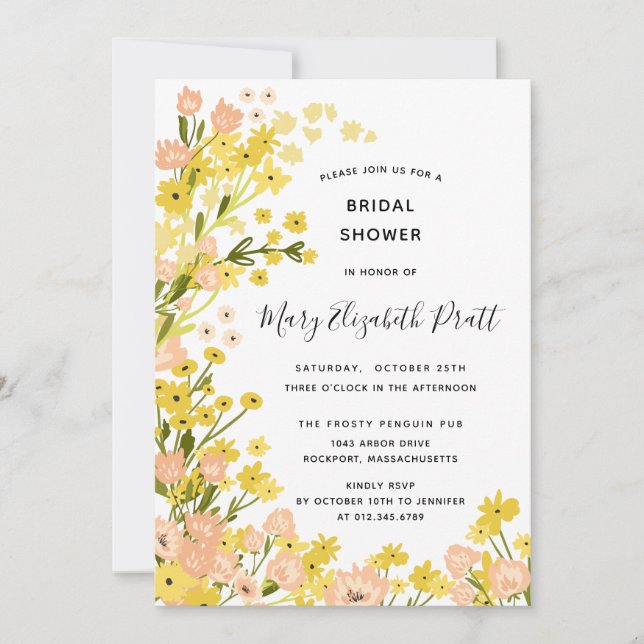 Boho Country Yellow Pink Wildflowers Bridal Shower Invitation (Front)
