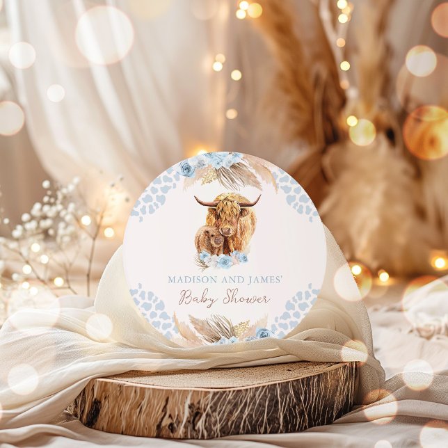 Boho Cow Blue Pampas Grass Boy Baby Shower Favors Classic Round Sticker (Creator Uploaded)