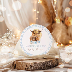 Boho Cow Blue Pampas Grass Boy Baby Shower Favors Classic Round Sticker