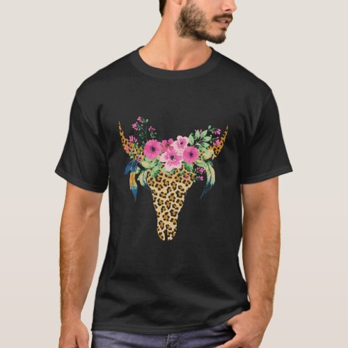 Boho Cow Bull Skull Leopard Gift For Cattle Lover T_Shirt
