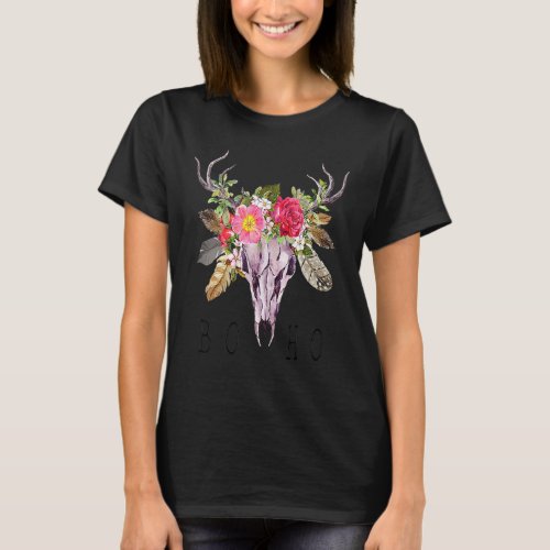 Boho Cow Bull Skull With Flower Nice T_Shirt