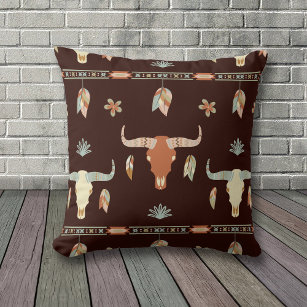 Boho Cow Skull and Feathers Pattern Throw Pillow