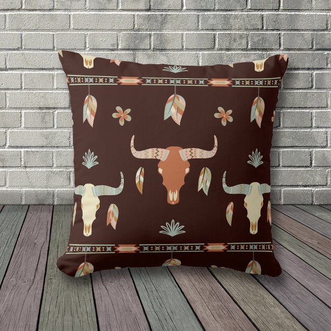 Boho Cow Skull and Feathers Pattern Throw Pillow (Creator Uploaded)
