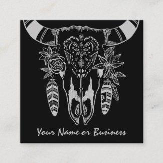 Boho Cow Skull Black and White Bohemian Square Business Card