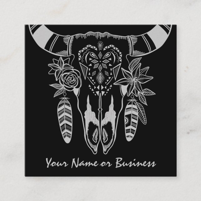 Boho Cow Skull Black and White Bohemian Square Business Card (Front)
