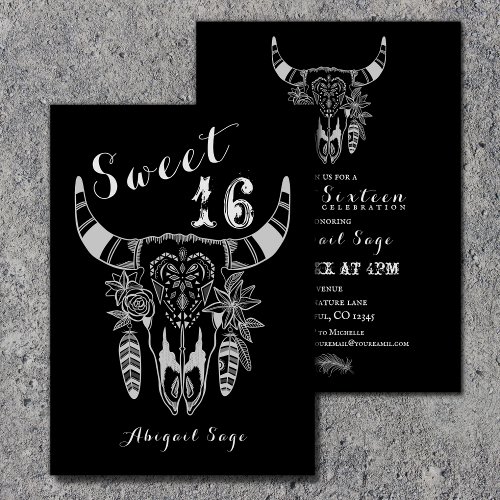 Boho Cow Skull Black and White Sweet 16 Birthday Invitation
