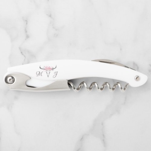 Boho Cow Skull Blush Watercolor Floral Monogram Waiters Corkscrew